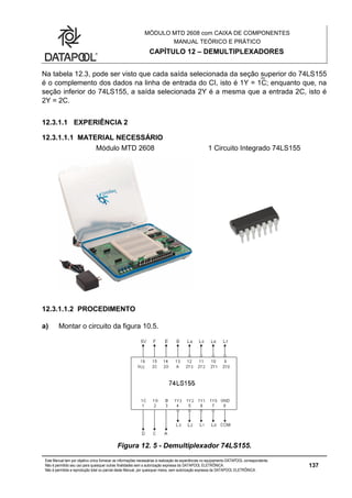 MÓDULO MTD 2608 com CAIXA DE COMPONENTES
MANUAL TEÓRICO E PRÁTICO
CAPÍTULO 12 – DEMULTIPLEXADORES
Este Manual tem por objetivo único fornecer as informações necessárias à realização de experiências no equipamento DATAPOOL correspondente.
Não é permitido seu uso para quaisquer outras finalidades sem a autorização expressa da DATAPOOL ELETRÔNICA.
Não é permitida a reprodução total ou parcial deste Manual, por quaisquer meios, sem autorização expressa da DATAPOOL ELETRÔNICA.
137
Na tabela 12.3, pode ser visto que cada saída selecionada da seção superior do 74LS155
é o complemento dos dados na linha de entrada do CI, isto é 1Y = 1C; enquanto que, na
seção inferior do 74LS155, a saída selecionada 2Y é a mesma que a entrada 2C, isto é
2Y = 2C.
12.3.1.1 EXPERIÊNCIA 2
12.3.1.1.1 MATERIAL NECESSÁRIO
Módulo MTD 2608 1 Circuito Integrado 74LS155
12.3.1.1.2 PROCEDIMENTO
a) Montar o circuito da figura 10.5.
Figura 12. 5 - Demultiplexador 74LS155.
 