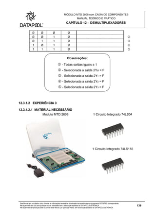 MÓDULO MTD 2608 com CAIXA DE COMPONENTES
MANUAL TEÓRICO E PRÁTICO
CAPÍTULO 12 – DEMULTIPLEXADORES
Este Manual tem por objetivo único fornecer as informações necessárias à realização de experiências no equipamento DATAPOOL correspondente.
Não é permitido seu uso para quaisquer outras finalidades sem a autorização expressa da DATAPOOL ELETRÔNICA.
Não é permitida a reprodução total ou parcial deste Manual, por quaisquer meios, sem autorização expressa da DATAPOOL ELETRÔNICA.
139
Ø Ø Ø Ø
Ø Ø 1 Ø 
Ø 1 1 Ø 
1 Ø 1 Ø 
1 1 1 Ø 
12.3.1.2 EXPERIÊNCIA 3
12.3.1.2.1 MATERIAL NECESSÁRIO
Módulo MTD 2608 1 Circuito Integrado 74LS04
1 Circuito Integrado 74LS155
Observaçðes:
 - Todas saídas iguais a 1
 - Selecionada a saída 2YØ = F
 - Selecionada a saída 2Y1 = F
 - Selecionada a saída 2Y2 = F
 - Selecionada a saída 2Y3 = F
 