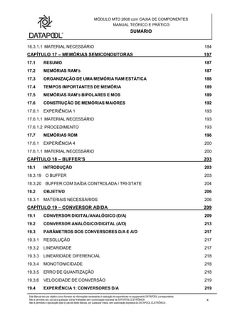 MÓDULO MTD 2608 com CAIXA DE COMPONENTES
MANUAL TEÓRICO E PRÁTICO
SUMÁRIO
Este Manual tem por objetivo único fornecer as informações necessárias à realização de experiências no equipamento DATAPOOL correspondente.
Não é permitido seu uso para quaisquer outras finalidades sem a autorização expressa da DATAPOOL ELETRÔNICA.
Não é permitida a reprodução total ou parcial deste Manual, por quaisquer meios, sem autorização expressa da DATAPOOL ELETRÔNICA..
x
16.3.1.1 MATERIAL NECESSÁRIO 184
CAPÍTULO 17 – MEMÓRIAS SEMICONDUTORAS 187
17.1 RESUMO 187
17.2 MEMÓRIAS RAM'S 187
17.3 ORGANIZAÇÃO DE UMA MEMÓRIA RAM ESTÁTICA 188
17.4 TEMPOS IMPORTANTES DE MEMÓRIA 189
17.5 MEMÓRIAS RAM'S BIPOLARES E MOS 189
17.6 CONSTRUÇÃO DE MEMÓRIAS MAIORES 192
17.6.1 EXPERIÊNCIA 1 193
17.6.1.1 MATERIAL NECESSÁRIO 193
17.6.1.2 PROCEDIMENTO 193
17.7 MEMÓRIAS ROM 196
17.6.1 EXPERIÊNCIA 4 200
17.6.1.1 MATERIAL NECESSÁRIO 200
CAPÍTULO 18 – BUFFER’S 203
18.1 INTRODUÇÃO 203
18.3.19 O BUFFER 203
18.3.20 BUFFER COM SAÍDA CONTROLADA / TRI-STATE 204
18.2 OBJETIVO 206
18.3.1 MATERIAIS NECESSÁRIOS 206
CAPÍTULO 19 – CONVERSOR AD/DA 209
19.1 CONVERSOR DIGITAL/ANALÓGICO (D/A) 209
19.2 CONVERSOR ANALÓGICO/DIGITAL (A/D) 213
19.3 PARÂMETROS DOS CONVERSORES D/A E A/D 217
19.3.1 RESOLUÇÃO 217
19.3.2 LINEARIDADE 217
19.3.3 LINEARIDADE DIFERENCIAL 218
19.3.4 MONOTONICIDADE 218
19.3.5 ERRO DE QUANTIZAÇÃO 218
19.3.6 VELOCIDADE DE CONVERSÃO 219
19.4 EXPERIÊNCIA 1: CONVERSORES D/A 219
 