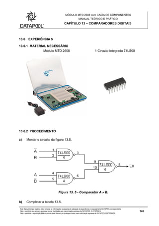 MÓDULO MTD 2608 com CAIXA DE COMPONENTES
MANUAL TEÓRICO E PRÁTICO
CAPÍTULO 13 – COMPARADORES DIGITAIS
Este Manual tem por objetivo único fornecer as informações necessárias à realização de experiências no equipamento DATAPOOL correspondente.
Não é permitido seu uso para quaisquer outras finalidades sem a autorização expressa da DATAPOOL ELETRÔNICA.
Não é permitida a reprodução total ou parcial deste Manual, por quaisquer meios, sem autorização expressa da DATAPOOL ELETRÔNICA.
146
13.6 EXPERIÊNCIA 5
13.6.1 MATERIAL NECESSÁRIO
Módulo MTD 2608 1 Circuito Integrado 74LS00
13.6.2 PROCEDIMENTO
a) Montar o circuito da figura 13.5.
Figura 13. 5 - Comparador A  B.
b) Completar a tabela 13.5.
 