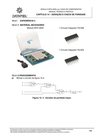 MÓDULO MTD 2608 com CAIXA DE COMPONENTES
MANUAL TEÓRICO E PRÁTICO
CAPÍTULO 14 – GERAÇÃO E CHECK DE PARIDADE
Este Manual tem por objetivo único fornecer as informações necessárias à realização de experiências no equipamento DATAPOOL correspondente.
Não é permitido seu uso para quaisquer outras finalidades sem a autorização expressa da DATAPOOL ELETRÔNICA.
Não é permitida a reprodução total ou parcial deste Manual, por quaisquer meios, sem autorização expressa da DATAPOOL ELETRÔNICA.
153
14.3.1 EXPERIÊNCIA 2
14.3.1.1 MATERIAL NECESSÁRIO
Módulo MTD 2608 1 Circuito Integrado 74LS86
1 Circuito Integrado 74LS04
15.3.1.2 PROCEDIMENTO
a) Montar o circuito da figura 14.3.
Figura 14. 3 - Gerador de paridade ímpar.
 