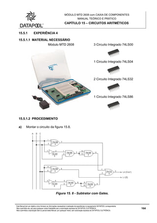 MÓDULO MTD 2608 com CAIXA DE COMPONENTES
MANUAL TEÓRICO E PRÁTICO
CAPÍTULO 15 – CIRCUITOS ARITMÉTICOS
Este Manual tem por objetivo único fornecer as informações necessárias à realização de experiências no equipamento DATAPOOL correspondente.
Não é permitido seu uso para quaisquer outras finalidades sem a autorização expressa da DATAPOOL ELETRÔNICA.
Não é permitida a reprodução total ou parcial deste Manual, por quaisquer meios, sem autorização expressa da DATAPOOL ELETRÔNICA.
164
15.5.1 EXPERIÊNCIA 4
15.5.1.1 MATERIAL NECESSÁRIO
Módulo MTD 2608 3 Circuito Integrado 74LS00
1 Circuito Integrado 74LS04
2 Circuito Integrado 74LS32
1 Circuito Integrado 74LS86
15.5.1.2 PROCEDIMENTO
a) Montar o circuito da figura 15.8.
Figura 15. 8 - Subtrator com Gates.
 