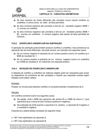 MÓDULO MTD 2608 com CAIXA DE COMPONENTES
MANUAL TEÓRICO E PRÁTICO
CAPÍTULO 15 – CIRCUITOS ARITMÉTICOS
Este Manual tem por objetivo único fornecer as informações necessárias à realização de experiências no equipamento DATAPOOL correspondente.
Não é permitido seu uso para quaisquer outras finalidades sem a autorização expressa da DATAPOOL ELETRÔNICA.
Não é permitida a reprodução total ou parcial deste Manual, por quaisquer meios, sem autorização expressa da DATAPOOL ELETRÔNICA.
176
a) Se dois números de sinais diferentes são somados nunca haverá overflow ou
underflow. A soma nunca vai além da faixa permitida.
b) Se dois números positivos são somados e tem-se um resultado negativo (MSB =
1), ocorreu um overflow.
c) Se dois números negativos são somados e tem-se um resultado positivo (MSB =
Ø), ocorreu um underflow. O número negativo está abaixo da faixa permitida de
números.
15.8.2 OVERFLOW E UNDERFLOW NA SUBTRAÇÃO
A operação de subtração pode também produzir overflow e underflow, mas somente se os
operando são de sinais diferentes. Isto pode ocorrer, por exemplo nos seguintes casos:
a) Se um número negativo é subtraído de um número positivo ocorre um overflow se o
MSB de resultado for 1.
b) Se um número positivo é subtraído de um número negativo ocorre um underflow
se o MSB do resultado é Ø, indicando uma resposta positiva.
15.8.3 DETEÇÃO DE OVERFLOW E UNDERFLOW
A deteção de overflow e underflow em sistemas digitais pode ser necessária para avisar
os dispositivos da ocorrência de tais condições e impedir que respostas erradas sejam
tratadas como dados válidos.
Exemplo:
Projetar um circuito para detectar overflow no somador/subtrator complemento de 2.
Solução:
Um overflow somente ocorre nos seguintes casos:
a) Na adição, onde o MSB dos operando são ambos Ø e o MSB da soma é 1 (que
significaria que a soma de dois números positivos é negativa).
b) Na subtração de (A-B) quando o operando A é positivo, o operando B é negativo e
o resultado é negativo.
Fazendo-se a tabela destas condições do seguinte modo:
x = BIT mais significativo do operando A
y = BIT mais significativo do operando B
 