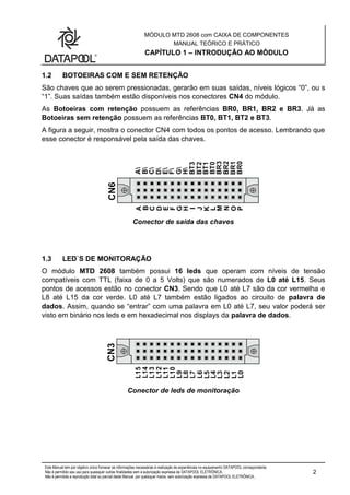 MÓDULO MTD 2608 com CAIXA DE COMPONENTES
MANUAL TEÓRICO E PRÁTICO
CAPÍTULO 1 – INTRODUÇÃO AO MÓDULO
Este Manual tem por objetivo único fornecer as informações necessárias à realização de experiências no equipamento DATAPOOL correspondente.
Não é permitido seu uso para quaisquer outras finalidades sem a autorização expressa da DATAPOOL ELETRÔNICA.
Não é permitida a reprodução total ou parcial deste Manual, por quaisquer meios, sem autorização expressa da DATAPOOL ELETRÔNICA..
2
1.2 BOTOEIRAS COM E SEM RETENÇÃO
São chaves que ao serem pressionadas, gerarão em suas saídas, níveis lógicos “0”, ou s
“1”. Suas saídas também estão disponíveis nos conectores CN4 do módulo.
As Botoeiras com retenção possuem as referências BR0, BR1, BR2 e BR3. Já as
Botoeiras sem retenção possuem as referências BT0, BT1, BT2 e BT3.
A figura a seguir, mostra o conector CN4 com todos os pontos de acesso. Lembrando que
esse conector é responsável pela saída das chaves.
Conector de saída das chaves
1.3 LED`S DE MONITORAÇÃO
O módulo MTD 2608 também possui 16 leds que operam com níveis de tensão
compatíveis com TTL (faixa de 0 a 5 Volts) que são numerados de L0 até L15. Seus
pontos de acessos estão no conector CN3. Sendo que L0 até L7 são da cor vermelha e
L8 até L15 da cor verde. L0 até L7 também estão ligados ao circuito de palavra de
dados. Assim, quando se “entrar” com uma palavra em L0 até L7, seu valor poderá ser
visto em binário nos leds e em hexadecimal nos displays da palavra de dados.
Conector de leds de monitoração
 