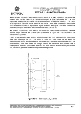 MÓDULO MTD 2608 com CAIXA DE COMPONENTES
MANUAL TEÓRICO E PRÁTICO
CAPÍTULO 19 – CONVERSORES AD/DA
Este Manual tem por objetivo único fornecer as informações necessárias à realização de experiências no equipamento DATAPOOL correspondente.
Não é permitido seu uso para quaisquer outras finalidades sem a autorização expressa da DATAPOOL ELETRÔNICA.
Não é permitida a reprodução total ou parcial deste Manual, por quaisquer meios, sem autorização expressa da DATAPOOL ELETRÔNICA.
216
Ao iniciar-se o processo de conversão com o pulso de START, o MSB da saída digital é
setado. Se a saída é menor que a entrada analógica, o MSB permanece em “1” e o bit
seguinte é setado; caso contrário, o MSB é resetado e o bit seguinte é setado. O processo
de comparação descrito acima continua até o LSB. Após este processo o registro de
armazenamento contém o equivalente digital da saída analógica. Com este processo é
possível conseguir velocidade de conversão de até 100ns por bit.
No entanto, o processo mais rápido de conversão, denominado conversão paralela,
permite atingir taxas de até 25 MHz para quatro bits. A Figura 19.1219.9 apresenta um
conversor A/D paralelo.
Como se vê pelo esquema abaixo, neste conversor há 2n-1 comparadores polarizados
com uma diferença de um LSB entre si. Para um dado valor de Ea todos os
comparadores abaixo deste valor estão em um estado e todos os comparadores vão a um
decodificador, pois não estão em código binário. O conversor A/D paralelo tem a
vantagem de altíssima velocidade, mas seu uso está limitado a um número pequeno de
bits, devido ao grande número de comparadores requeridos.
Figura 19.12 - Conversor A/D paralelo.
 