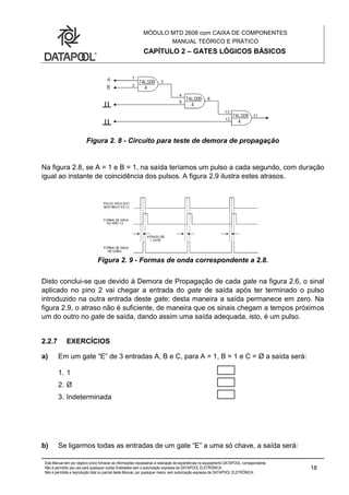 MÓDULO MTD 2608 com CAIXA DE COMPONENTES
MANUAL TEÓRICO E PRÁTICO
CAPÍTULO 2 – GATES LÓGICOS BÁSICOS
Este Manual tem por objetivo único fornecer as informações necessárias à realização de experiências no equipamento DATAPOOL correspondente.
Não é permitido seu uso para quaisquer outras finalidades sem a autorização expressa da DATAPOOL ELETRÔNICA.
Não é permitida a reprodução total ou parcial deste Manual, por quaisquer meios, sem autorização expressa da DATAPOOL ELETRÔNICA..
18
Figura 2. 8 - Circuito para teste de demora de propagação
Na figura 2.8, se A = 1 e B = 1, na saída teríamos um pulso a cada segundo, com duração
igual ao instante de coincidência dos pulsos. A figura 2.9 ilustra estes atrasos.
Figura 2. 9 - Formas de onda correspondente a 2.8.
Disto conclui-se que devido à Demora de Propagação de cada gate na figura 2.6, o sinal
aplicado no pino 2 vai chegar a entrada do gate de saída após ter terminado o pulso
introduzido na outra entrada deste gate; desta maneira a saída permanece em zero. Na
figura 2.9, o atraso não é suficiente, de maneira que os sinais chegam a tempos próximos
um do outro no gate de saída, dando assim uma saída adequada, isto, é um pulso.
2.2.7 EXERCÍCIOS
a) Em um gate “E” de 3 entradas A, B e C, para A = 1, B = 1 e C = Ø a saída será:
1. 1
2. Ø
3. Indeterminada
b) Se ligarmos todas as entradas de um gate “E” a uma só chave, a saída será:
 