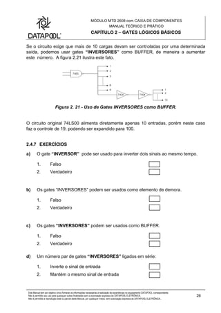 MÓDULO MTD 2608 com CAIXA DE COMPONENTES
MANUAL TEÓRICO E PRÁTICO
CAPÍTULO 2 – GATES LÓGICOS BÁSICOS
Este Manual tem por objetivo único fornecer as informações necessárias à realização de experiências no equipamento DATAPOOL correspondente.
Não é permitido seu uso para quaisquer outras finalidades sem a autorização expressa da DATAPOOL ELETRÔNICA.
Não é permitida a reprodução total ou parcial deste Manual, por quaisquer meios, sem autorização expressa da DATAPOOL ELETRÔNICA..
28
Se o circuito exige que mais de 10 cargas devam ser controladas por uma determinada
saída, podemos usar gates “INVERSORES” como BUFFER, de maneira a aumentar
este número. A figura 2.21 ilustra este fato.
Figura 2. 21 - Uso de Gates INVERSORES como BUFFER.
O circuito original 74LS00 alimenta diretamente apenas 10 entradas, porém neste caso
faz o controle de 19, podendo ser expandido para 100.
2.4.7 EXERCÍCIOS
a) O gate “INVERSOR” pode ser usado para inverter dois sinais ao mesmo tempo.
1. Falso
2. Verdadeiro
b) Os gates “INVERSORES” podem ser usados como elemento de demora.
1. Falso
2. Verdadeiro
c) Os gates “INVERSORES” podem ser usados como BUFFER.
1. Falso
2. Verdadeiro
d) Um número par de gates “INVERSORES” ligados em série:
1. Inverte o sinal de entrada
2. Mantém o mesmo sinal de entrada
 
