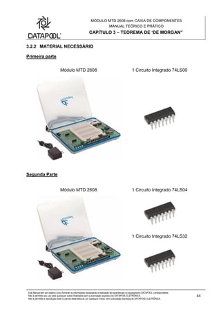 MÓDULO MTD 2608 com CAIXA DE COMPONENTES
MANUAL TEÓRICO E PRÁTICO
CAPÍTULO 3 – TEOREMA DE ‘DE MORGAN”
Este Manual tem por objetivo único fornecer as informações necessárias à realização de experiências no equipamento DATAPOOL correspondente.
Não é permitido seu uso para quaisquer outras finalidades sem a autorização expressa da DATAPOOL ELETRÔNICA.
Não é permitida a reprodução total ou parcial deste Manual, por quaisquer meios, sem autorização expressa da DATAPOOL ELETRÔNICA.
44
3.2.2 MATERIAL NECESSÁRIO
Primeira parte
Módulo MTD 2608 1 Circuito Integrado 74LS00
Segunda Parte
Módulo MTD 2608 1 Circuito Integrado 74LS04
1 Circuito Integrado 74LS32
 