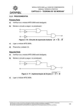 MÓDULO MTD 2608 com CAIXA DE COMPONENTES
MANUAL TEÓRICO E PRÁTICO
CAPÍTULO 3 – TEOREMA DE ‘DE MORGAN”
Este Manual tem por objetivo único fornecer as informações necessárias à realização de experiências no equipamento DATAPOOL correspondente.
Não é permitido seu uso para quaisquer outras finalidades sem a autorização expressa da DATAPOOL ELETRÔNICA.
Não é permitida a reprodução total ou parcial deste Manual, por quaisquer meios, sem autorização expressa da DATAPOOL ELETRÔNICA.
54
3.5.3 PROCEDIMENTOS
Primeira Parte
a) Verificar se o módulo MTD 2608 está desligado;
b) Montar o circuito a seguir, no protoboard;
Figura 3. 10 - Circuito de expressão boleana (A + C) . B
c) Ligar o módulo MTD 2608;
d) Preencher a tabela 3.4.
Segunda Parte
a) Verificar se o módulo MTD 2608 está desligado;
b) Montar o circuito a seguir, no protoboard;
Figura 3. 11 - Implementação da função A + C + B
c) Ligar o módulo MTD 2608;
 