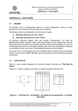 MÓDULO MTD 2608 com CAIXA DE COMPONENTES
MANUAL TEÓRICO E PRÁTICO
CAPÍTULO 4 – FLIP FLOPS
Este Manual tem por objetivo único fornecer as informações necessárias à realização de experiências no equipamento DATAPOOL correspondente.
Não é permitido seu uso para quaisquer outras finalidades sem a autorização expressa da DATAPOOL ELETRÔNICA.
Não é permitida a reprodução total ou parcial deste Manual, por quaisquer meios, sem autorização expressa da DATAPOOL ELETRÔNICA..
57
CAPÍTULO 4 – FLIP FLOPS
4.1 RESUMO
Os flip-flops são os componentes básicos de vários dispositivos, dentre os quais
destacam-se as memórias semicondutoras e os contadores.
Os flip-flops podem ser classificados em dois tipos principais:
a) Flip-Flops Síncronos ou com "clock"
b) Flip-Flops Assíncronos ou sem "clock"
Os flip-flops síncronos exigem, para seu perfeito funcionamento, um pulso de
gatilhamento também chamado "clock", além das entradas normais. Deste modo, nos flip-
flops síncronos as mudanças só ocorrerão durante o pulso de sincronização, ou clock. Já
nos flip-flops assíncronos, as transições ocorrem após terem sido completadas mudanças
nas entradas normais, sem haver a necessidade de pulsos de sincronização.
De acordo com o funcionamento de suas entradas existem diversos tipos de flip-flops,
sendo os mais comuns: S-R, T, D e JK, cujas características de funcionamento passamos
a descrever.
4.2 FLIP-FLOP S-R
Este é o mais simples dispositivo de memória, também chamado de "Flip-Flop Set
Reset".
A figura 4.1 mostra o diagrama em blocos e a tabela verdade do flip-flop S-R.
Figura 4. 1 - Flip-Flop S-R – (a) Símbolo – (b) Tabela de Funcionamento – (c) Tabela
Resumida.
 