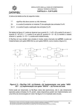 MÓDULO MTD 2608 com CAIXA DE COMPONENTES
MANUAL TEÓRICO E PRÁTICO
CAPÍTULO 4 – FLIP FLOPS
Este Manual tem por objetivo único fornecer as informações necessárias à realização de experiências no equipamento DATAPOOL correspondente.
Não é permitido seu uso para quaisquer outras finalidades sem a autorização expressa da DATAPOOL ELETRÔNICA.
Não é permitida a reprodução total ou parcial deste Manual, por quaisquer meios, sem autorização expressa da DATAPOOL ELETRÔNICA..
58
A leitura da tabela se faz do seguinte modo:
"-" significa não deve ocorrer ou não interessa.
QT é a saída Q existente no instante (T) de aplicação das entradas S e R.
QT+1 é a saída Q após a aplicação das entradas S e R.
Da tabela da figura 4.1 pode-se observar que quando S = 1 e R = Ø a saída Q vai para 1;
quando S = Ø e R = 1, a saída Q vai para Ø; quando R = S = Ø, Q mantém o estado
anterior e quando S = R = 1 a saída será indeterminada.
O flip-flop em sua versão mais simples é muitas vezes chamado de LATCH, e pode ser
implementado com gates NÃO-OU ou com gates NÃO-E, como mostra a figura 4.2.
Figura 4. 2 - - Flip-Flop S-R – (a) Símbolo – (b) Implementação com gates “NÃO-
OU” - (c) Implementação com gates “NÃO-E” – (d) Formas de onda.
Como pode ser observado, os flip-flops vistos são assíncronos, isto é, são diretamente
operados pelas entradas S e R; porém, estes dispositivos podem ser implementados com
uma linha de sincronização em clock. Na figura 4.3 é mostrado este circuito.
 