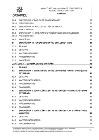 MÓDULO MTD 2608 com CAIXA DE COMPONENTES
MANUAL TEÓRICO E PRÁTICO
SUMÁRIO
Este Manual tem por objetivo único fornecer as informações necessárias à realização de experiências no equipamento DATAPOOL correspondente.
Não é permitido seu uso para quaisquer outras finalidades sem a autorização expressa da DATAPOOL ELETRÔNICA.
Não é permitida a reprodução total ou parcial deste Manual, por quaisquer meios, sem autorização expressa da DATAPOOL ELETRÔNICA..
iii
2.6.4 EXPERIÊNCIA 9: “NÃO-OU DE DUAS ENTRADAS 35
2.6.4.1 PROCEDIMENTOS 35
2.6.5 EXPERIÊNCIA 10: “NÃO-OU” DE TRÊS ENTRADAS 36
2.6.5.1 PROCEDIMENTOS 36
2.6.6 EXPERIÊNCIA 11: GATE “NÃO-OU” FUNCIONANDO COMO INVERSOR 36
2.6.6.1 PROCEDIMENTOS 36
2.6.7 EXERCÍCIOS 37
2.7 EXPERIÊNCIA 12: FUNÇÃO LÓGICA “OU-EXCLUSIVO” (XOR) 38
2.7.1 RESUMO 38
2.7.2 OBJETIVO 38
2.7.3 MATERIAL UTILIZADO 39
2.7.4 PROCEDIMENTOS 39
2.7.5 EXERCÍCIOS 41
CAPÍTULO 3 - TEOREMA DE “DE MORGAN” 43
3.1 RESUMO 43
3.2 EXPERIÊNCIA 1: EQUIPAMENTO ENTRE AS FUNÇÕES “NÃO-E” E “OU” (DUAS
ENTRADAS) 43
3.2.1 OBJETIVO 43
3.2.2 MATERIAL NECESSÁRIO 44
3.2.3 PROCEDIMENTOS 45
3.2.4 CONCLUSÃO 46
3.3 EXPERIÊNCIA 2: EQUIVALÊNCIA ENTRE AS FUNÇÕES “NÃO OU” E “E” (DUAS
ENTRADAS) 46
3.3.1 OBJETIVO 46
3.3.2 MATERIAL NECESSÁRIO 47
3.3.3 PROCEDIMENTOS 48
3.3.4 CONCLUSÃO 49
3.4 EXPERIÊNCIA 3: EQUIVALÊNCIA ENTRE AS FUNÇÕES “OU” E “NÃO E” (TRÊS
VARIÁVEIS) 49
3.4.1 OBJETIVO 49
3.4.2 MATERIAL NECESSÁRIO 50
3.4.3 PROCEDIMENTOS 51
 