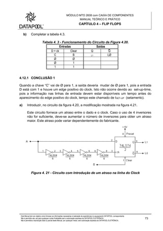 MÓDULO MTD 2608 com CAIXA DE COMPONENTES
MANUAL TEÓRICO E PRÁTICO
CAPÍTULO 4 – FLIP FLOPS
Este Manual tem por objetivo único fornecer as informações necessárias à realização de experiências no equipamento DATAPOOL correspondente.
Não é permitido seu uso para quaisquer outras finalidades sem a autorização expressa da DATAPOOL ELETRÔNICA.
Não é permitida a reprodução total ou parcial deste Manual, por quaisquer meios, sem autorização expressa da DATAPOOL ELETRÔNICA..
73
b) Completar a tabela 4.3.
Tabela 4. 3 - Funcionamento do Circuito da Figura 4.20.
Entradas Saídas
D = ck Clear Q Q
C B L1 LØ
Ø Ø
Ø 1
1 1
4.12.1 CONCLUSÃO 1
Quando a chave “C” vai de Ø para 1, a saída deveria mudar de Ø para 1, pois a entrada
D está com 1 e houve um edge positivo do clock. Isto não ocorre devido ao set-up-time,
pois a informação nas linhas de entrada devem estar disponíveis um tempo antes do
aparecimento do edge positivo do clock, tempo este chamado de tSET-UP (setamento).
a) Introduzir, no circuito da figura 4.20, a modificação mostrada na figura 4.21.
Este circuito fornece um atraso entre o dado e o clock. Caso o uso de 4 inversores
não for suficiente, deve-se aumentar o número de inversores para obter um atraso
maior. Este atraso pode variar dependentemente do fabricante.
Figura 4. 21 - Circuito com Introdução de um atraso na linha do Clock
 