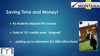 Saving Time and Money! 
 43 students skipped 49 courses 
 Total of 151 credits were “skipped” 
 …adding up to estimated $31,000 tuition/fees! 
 