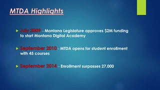 – Montana Legislature approves $2M funding 
to start Montana Digital Academy 
– MTDA opens for student enrollment 
with 45 courses 
– Enrollment surpasses 27,000 
 