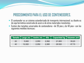 PROCEDIMIENTO PARA EL USO DE CONTENEDORES.El contenedor es un sistema estandarizado de transporte internacional; su diseño es de caja hermética construida de acero o de otros materiales resistentes.  Existen dos tamaños universales de contenedores –de 20 pies y de 40 pies– con las siguientes medidas técnicas: