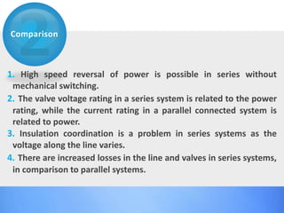 Comparison
1. High speed reversal of power is possible in series without
mechanical switching.
2. The valve voltage rating in a series system is related to the power
rating, while the current rating in a parallel connected system is
related to power.
3. Insulation coordination is a problem in series systems as the
voltage along the line varies.
4. There are increased losses in the line and valves in series systems,
in comparison to parallel systems.
 