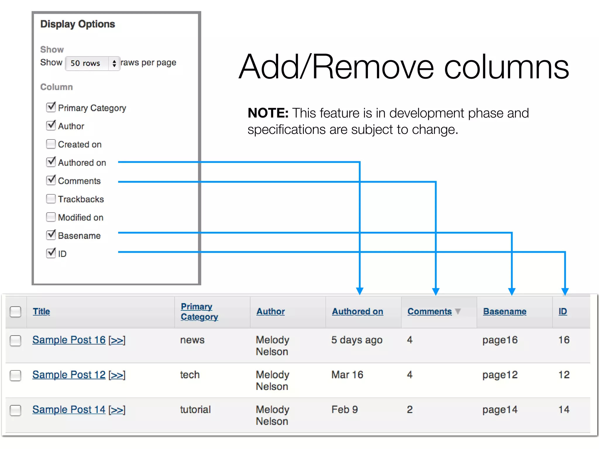 Add/Remove columns
NOTE: This feature is in development phase and
speciﬁcations are subject to change.
 