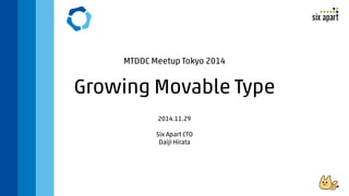 MTDDC Meetup Tokyo 2014 
Growing Movable Type 
2014.11.29 
Six Apart CTO 
Daiji Hirata 
 