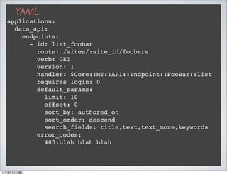 YAML
applications:
data_api:
endpoints:
- id: list_foobar
route: /sites/:site_id/foobars
verb: GET
version: 1
handler: $Co...