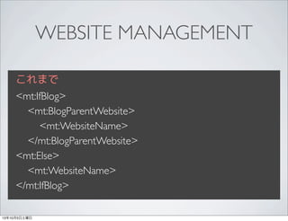 WEBSITE MANAGEMENT
これまで
<mt:IfBlog>
<mt:BlogParentWebsite>
<mt:WebsiteName>
</mt:BlogParentWebsite>
<mt:Else>
<mt:WebsiteName>
</mt:IfBlog>
13年10月5日土曜日
 