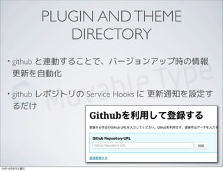 PLUGIN ANDTHEME
DIRECTORY
• github と連動することで、バージョンアップ時の情報
更新を自動化
• github レポジトリの Service Hooks に 更新通知を設定す
るだけ
13年10月5日土曜日
 