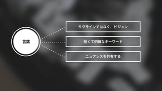 タグラインではなく、ビジョン 
短くて明確なキーワード 
ニュアンスを共有する 
言葉 
 