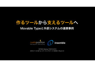 作るツールから支えるツールへ
Movable Typeと外部システムの連携事例
MTDDC Meetup TOKYO 2016 
2016.11.12 SAT at コワーキングスペース MONO（Room C）
insemble
 