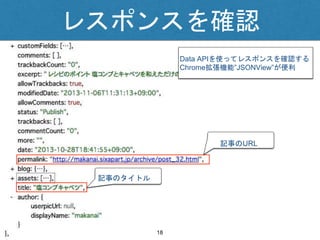 レスポンスを確認
Data APIを使ってレスポンスを確認する
Chrome拡張機能”JSONView”が便利
18
記事のURL
記事のタイトル
 