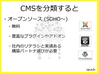 CMSを分類すると
・オープンソース  (SOHO〜～)
・無料料
・豊富なプラグインやアドオン
・社内のリテラシと実績ある
 　構築パートナ選びが必要
 