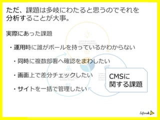 ただ、課題は多岐にわたると思うのでそれを
分析することが⼤大事。
実際にあった課題
  ・運⽤用時に誰がボールを持っているかわからない
 　・同時に複数部署へ確認をまわしたい
 　・画⾯面上で差分チェックしたい
 　・サイトを⼀一括で管理理したい
CMSに
関する課題
 