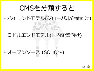 CMSを分類すると
・ハイエンドモデル(グローバル企業向け)
・ミドルエンドモデル(国内企業向け)
・オープンソース  (SOHO〜～) 　
 