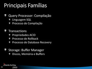 25
MaríliaTechDay
|2010
Principais Famílias
Query Processor: Compilação
Linguagem SQL
Processo de Compilação
Transactions
Propriedades ACID
Processo de Rollback
Processo de Database Recovery
Storage: Buffer Manager
Discos, Memória e Buffers
 