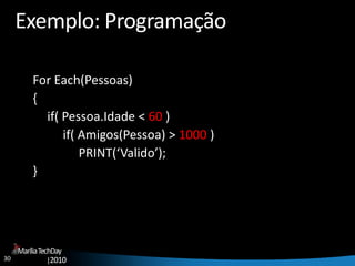 30
MaríliaTechDay
|2010
Exemplo: Programação
For Each(Pessoas)
{
if( Pessoa.Idade < 60 )
if( Amigos(Pessoa) > 1000 )
PRINT(‘Valido’);
}
 