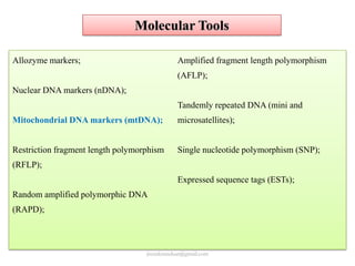 Molecular Tools
Allozyme markers;

Amplified fragment length polymorphism
(AFLP);

Nuclear DNA markers (nDNA);
Tandemly repeated DNA (mini and
Mitochondrial DNA markers (mtDNA);

microsatellites);

Restriction fragment length polymorphism

Single nucleotide polymorphism (SNP);

(RFLP);
Expressed sequence tags (ESTs);
Random amplified polymorphic DNA
(RAPD);

jitenderanduat@gmail.com

 