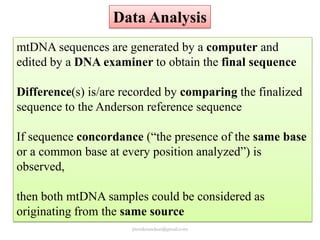 Data Analysis
mtDNA sequences are generated by a computer and
edited by a DNA examiner to obtain the final sequence
Differ...
