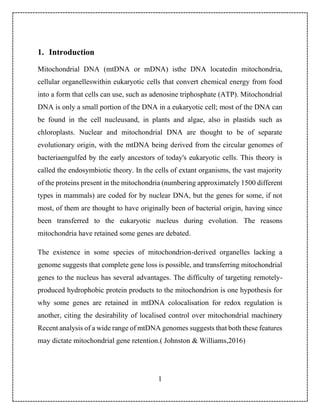1
1. Introduction
Mitochondrial DNA (mtDNA or mDNA) isthe DNA locatedin mitochondria,
cellular organelleswithin eukaryotic...