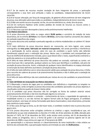 8.12.7 Se do exame de recursos resultar anulação de item integrante de prova, a pontuação
correspondente a esse item será atribuída a todos os candidatos, independentemente de terem
recorrido.
8.12.8 Se houver alteração, por força de impugnações, de gabarito oficial preliminar de item integrante
de prova, essa alteração valerá para todos os candidatos, independentemente de terem recorrido.
8.12.9 Não será aceito recurso via postal, via fax, via correio eletrônico ou, ainda, fora do prazo.
8.12.10 Em nenhuma hipótese serão aceitos pedidos de revisão de recursos ou recurso contra o
gabarito oficial definitivo.
8.12.11 Recursos cujo teor desrespeite a banca serão preliminarmente indeferidos.
9 DA PROVA DISCURSIVA
9.1 A prova discursiva para todos os cargos valerá 20,00 pontos e consistirá da redação de texto
dissertativo, de no mínimo 20 linhas e no máximo 30 linhas, acerca das matérias constantes dos objetos
de avaliação específicos dos cargos.
9.2 A prova discursiva será avaliada e pontuada segundo os critérios estabelecidos no subitem 9.7 deste
edital.
9.3 O texto definitivo da prova discursiva deverá ser manuscrito, em letra legível, com caneta
esferográfica de tinta preta, fabricada em material transparente, não sendo permitida a interferência
ou a participação de outras pessoas, salvo em caso de candidato a quem tenha sido deferido
atendimento especial para a realização das provas. Nesse caso, o candidato será acompanhado por
fiscal do CESPE/UnB devidamente treinado, para o qual deverá ditar o texto, especificando oralmente a
grafia das palavras e os sinais gráficos de pontuação.
9.4 A folha de texto definitivo da prova discursiva não poderá ser assinada, rubricada ou conter, em
outro local que não o apropriado, qualquer palavra ou marca que identifique o candidato, sob pena de
anulação da prova discursiva. Assim, a detecção de qualquer marca identificadora no espaço destinado
à transcrição do texto definitivo acarretará a anulação da prova discursiva.
9.5 A folha de texto definitivo será o único documento válido para avaliação da prova discursiva. A folha
para rascunho do caderno de provas é de preenchimento facultativo e não é válida para a avaliação da
prova discursiva.
9.6 A folha de texto definitivo não será substituída por motivo de erro do candidato no preenchimento
desta.
9.7 DOS CRITÉRIOS DE AVALIAÇÃO DA PROVA DISCURSIVA
9.7.1 Observada a reserva de vagas para os candidatos com deficiência e respeitados os empates na
última colocação, serão corrigidas as provas discursivas dos candidatos aprovados nas provas objetivas e
classificados conforme quadro do Anexo II deste edital.
9.7.2 O candidato cuja prova discursiva não for corrigida na forma do subitem anterior estará
automaticamente eliminado e não terá classificação alguma no concurso.
9.7.3 A prova discursiva avaliará o conteúdo – conhecimento do tema, a capacidade de expressão na
modalidade escrita e o uso das normas do registro formal culto da língua portuguesa. O candidato
deverá produzir, com base em temas formulados pela Banca Examinadora, texto dissertativo, primando
pela coerência e pela coesão.
9.7.4 Nos casos de fuga ao tema, ou de não haver texto, o candidato receberá nota na prova discursiva
igual a zero.
9.7.5 As provas discursivas serão corrigidas conforme os critérios a seguir, ressaltando-se que, em
atendimento ao que está estabelecido no Decreto nº 6.583, de 29 de setembro de 2008, alterado pelo
Decreto nº 7.875, de 27 de dezembro de 2012, serão aceitas como corretas, até 31 de dezembro de
2015, ambas as ortografias, isto é, a forma de grafar e de acentuar as palavras vigente até 31 de
dezembro de 2008 e a que entrou em vigor em 1º de janeiro de 2009:
a) a apresentação e a estrutura textuais e o desenvolvimento do tema totalizarão a nota relativa ao
domínio do conteúdo (NC), cuja pontuação máxima será limitada ao valor de 20,00 pontos;
10

 