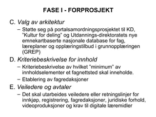 FASE I - FORPROSJEKT C.  Valg av arkitektur Støtte seg på portalsamordningsprosjektet til KD, ”Kultur for deling” og Utdannings-direktoratets nye emnekartbaserte nasjonale database for fag, læreplaner og opplæringstilbud i grunnopplæringen (GREP) D.  Kriteriebeskrivelse for innhold Kriteriebeskrivelse av hvilket ”minimum” av innholdselementer et fagnettsted skal inneholde.  Etablering av fagredaksjoner E.  Veiledere og avtaler Det skal utarbeides veiledere eller retningslinjer for innkjøp, registrering, fagredaksjoner, juridiske forhold, videoproduksjoner og krav til digitale læremidler 