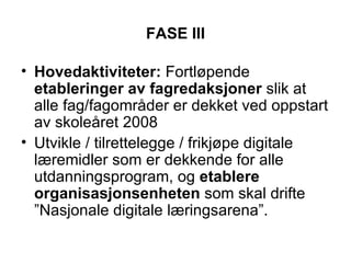 FASE III Hovedaktiviteter:  Fortløpende  etableringer av fagredaksjoner  slik at alle fag/fagområder er dekket ved oppstart av skoleåret 2008 Utvikle / tilrettelegge / frikjøpe digitale læremidler som er dekkende for alle utdanningsprogram, og  etablere organisasjonsenheten  som skal drifte ”Nasjonale digitale læringsarena”. 