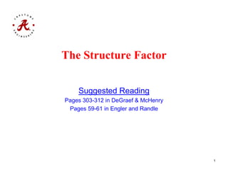 The Structure FactorThe Structure Factor
Suggested Reading
P 303 312 i D G f & M HPages 303-312 in DeGraef & McHenry
Pages 59-61 in Engler and Randle
1
 