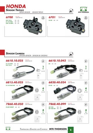 HONDA
SENSOR TRIPLEX
TRIPLEX SENSOR - SENSOR TRIPLEX
TEMPERATURA E EMISSÕES SOB CONTROLE!
6
6700
FAN 150 Esi 150 09/
CG 150 TITAN 150 09/
NXR 150 BROS 150 09/
6701
NUM OEM
16060-KVK-901
CB 300 300 09/
NUM OEM
16060-KWF-941
6610.10.025
NUM OEM
36535-GFM-901
CG 150 TITAN 150 09/
FAN 150 Esi 150 09/
6610.10.042
NUM OEM
36533-KSS-B31
BIZ 125 08/
SENSOR LAMBDA
OXYGEN SENSOR - SENSOR DE OXÍGENO
1
Zr
L = 25
1
Zr
L = 42
P
P
P
P
6815.40.025
NUM OEM
36531-KVS-611
CG 150 TITAN MIX 150 09/
6820.40.024
NUM OEM
36531-KVK-901
CB 300 300 09/
7868.40.050
NUM OEM
36531-MFG-D01
CB 600 HORNET 600 08/
7868.40.099
NUM OEM
36531-MFA-D01
CBF 1000 998 06/
CBF 1000 ABS 998 06/
B
P
C
B
P CBB
B
P
C
B
P CBB
B
P
C
B
P CBB
4
Zr
L = 25
4
Zr
L = 24
4
Zr
L = 50
4
Zr
L = 99
P CBB
B
BC
P
 