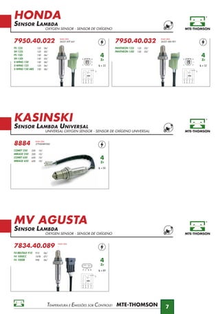 4
Zr
L = 89
HONDA
SENSOR LAMBDA
OXYGEN SENSOR - SENSOR DE OXÍGENO
KASINSKI
SENSOR LAMBDA UNIVERSAL
UNIVERSAL OXYGEN SENSOR - SENSOR DE OXÍGENO UNIVERSAL
MV AGUSTA
SENSOR LAMBDA
OXYGEN SENSOR - SENSOR DE OXÍGENO
TEMPERATURA E EMISSÕES SOB CONTROLE!
7
7834.40.089
NUM OEM
-
F4 BRUTALE 910 910 06/
F4 1000CC 1078 07/
F4 1000R 998 06/
4
Zr
L = 00
8884
NUM OEM
37950H89300
COMET 250 250 10/
MIRAGE 250 250 10/
COMET 650 650 10/
MIRAGE 650 650 10/
P C B B
P CBB
4
Zr
L = 22
4
Zr
L = 32
7950.40.022
NUM OEM
36531-KTF-641
PS 125i 125 06/
SH 125i 125 05/
PS 150i 150 06/
SH 150i 150 05/
S-WING 150 150 06/
S-WING 125 125 06/
S-WING 150 ABS 150 06/
7950.40.032
NUM OEM
36531-KRJ-901
PANTHEON 125i 125 05/
PANTHEON 150i 150 05/
C P
B B
P CBB
C P
B B
P CBB
 