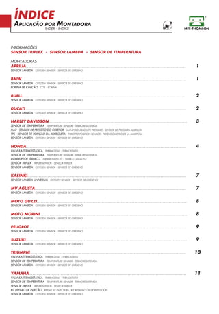 ÍNDICE
APLICAÇÃO POR MONTADORA
INDEX - ÍNDICE
INFORMAÇÕES
SENSOR TRIPLEX - SENSOR LAMBDA - SENSOR DE TEMPERATURA
MONTADORAS
APRILIA.............................................................................................................................. 1
SENSOR LAMBDA OXYGEN SENSOR - SENSOR DE OXÍGENO
BMW.................................................................................................................................. 1
SENSOR LAMBDA OXYGEN SENSOR - SENSOR DE OXÍGENO
BOBINA DE IGNIÇÃO COIL - BOBINA
BUELL................................................................................................................................. 2
SENSOR LAMBDA OXYGEN SENSOR - SENSOR DE OXÍGENO
DUCATI............................................................................................................................... 2
SENSOR LAMBDA OXYGEN SENSOR - SENSOR DE OXÍGENO
HARLEY DAVIDSON............................................................................................................. 3
SENSOR DE TEMPERATURA TEMPERATURE SENSOR - TERMORESISTENCIA
MAP - SENSOR DE PRESSÃO DO COLETOR MANIFOLD ABSOLUTE PRESSURE - SENSOR DE PRESSIÓN ABSOLUTA
TPS - SENSOR DE POSIÇÃO DA BORBOLETA THROTTLE POSITION SENSOR - POTENSIÓMETRO DE LA MARIPOSA
SENSOR LAMBDA OXYGEN SENSOR - SENSOR DE OXÍGENO
HONDA.............................................................................................................................. 4
VÁLVULA TERMOSTÁTICA THERMOSTAT - TERMOSTATO
SENSOR DE TEMPERATURA TEMPERATURE SENSOR - TERMORESISTENCIA
INTERRUPTOR TÉRMICO THERMOSWITCH - TERMOCONTACTO
SENSOR TRIPLEX TRIPLEX SENSOR - SENSOR TRIPLEX
SENSOR LAMBDA OXYGEN SENSOR - SENSOR DE OXÍGENO
KASINKI............................................................................................................................. 7
SENSOR LAMBDA UNIVERSAL OXYGEN SENSOR - SENSOR DE OXÍGENO
MV AGUSTA....................................................................................................................... 7
SENSOR LAMBDA OXYGEN SENSOR - SENSOR DE OXÍGENO
MOTO GUZZI...................................................................................................................... 8
SENSOR LAMBDA OXYGEN SENSOR - SENSOR DE OXÍGENO
MOTO MORINI.................................................................................................................... 8
SENSOR LAMBDA OXYGEN SENSOR - SENSOR DE OXÍGENO
PEUGEOT............................................................................................................................ 9
SENSOR LAMBDA OXYGEN SENSOR - SENSOR DE OXÍGENO
SUZUKI............................................................................................................................... 9
SENSOR LAMBDA OXYGEN SENSOR - SENSOR DE OXÍGENO
TRIUMPHI........................................................................................................................... 10
VÁLVULA TERMOSTÁTICA THERMOSTAT - TERMOSTATO
SENSOR DE TEMPERATURA TEMPERATURE SENSOR - TERMORESISTENCIA
SENSOR LAMBDA OXYGEN SENSOR - SENSOR DE OXÍGENO
YAMAHA............................................................................................................................ 11
VÁLVULA TERMOSTÁTICA THERMOSTAT - TERMOSTATO
SENSOR DE TEMPERATURA TEMPERATURE SENSOR - TERMORESISTENCIA
SENSOR TRIPLEX TRIPLEX SENSOR - SENSOR TRIPLEX
KIT REPARO DE INJEÇÃO REPAIR KIT INJECTION - KIT REPARACIÓN DE INYECCIÓN
SENSOR LAMBDA OXYGEN SENSOR - SENSOR DE OXÍGENO
 