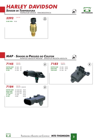 HARLEY DAVIDSON
SENSOR DE TEMPERATURA
TEMPERATURE SENSOR - TERMORESISTENCIA
TEMPERATURA E EMISSÕES SOB CONTROLE!
3
MAP - SENSOR DE PRESSÃO DO COLETOR
MANIFOLD ABSOLUTE PRESSURE - SENSOR DE PRESSIÓN ABSOLUTA
7145
NUM OEM
32319-07
ELECTRA GLIDE V2 1600 07/
ROAD KING V2 1600 07/
XL 883 V2 1200 07/
7182
NUM OEM
32424-95
ELECTRA GLIDE V2 1338 95/98
ROAD KING V2 1338 96/98
TOUR GLIDE V2 1338 96/
7184
NUM OEM
32316-99 32424-98
ELECTRA GLIDE V2 1450/1600 99/07
ROAD GLIDE V2 1450/1600 99/07
SUPER GLIDE V2 1450/1600 99/09
XL 1200 V2 1200 04/06
XL 883 V2 883 04/06
3292
NUM OEM
-
XL BIG TWIN 99/08
 