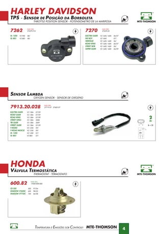 HARLEY DAVIDSON
TPS - SENSOR DE POSIÇÃO DA BORBOLETA
THROTTLE POSITION SENSOR - POTENSIÓMETRO DE LA MARIPOSA
HONDA
VÁLVULA TERMOSTÁTICA
THERMOSTAT - TERMOSTATO
TEMPERATURA E EMISSÕES SOB CONTROLE!
4
7913.20.028
NUM OEM
27719-07 27683-07
ELECTRA GLIDE V2 1584 07/09
ROAD GLIDE V2 1584 07/09
ROAD KING V2 1584 07/09
STREET KING V2 1584 2008
TRI GLIDE V2 1584 2009
STREET GLIDE V2 1584 07/09
V-ROAD V2 1250 09/
V-ROAD MUSCLE V2 1250 09/
XL 1200 V2 1200 07/
XL 883 V2 883 07/
P C
C P
2
Zr
L = 28
SENSOR LAMBDA
OXYGEN SENSOR - SENSOR DE OXÍGENO
7262
NUM OEM
27629-01A
XL 1200 V2 900 08/
XL 883 V2 883 08/
7270
NUM OEM
27659-05
ELECTRA GLIDE V2 1450, 1600 06/07
FAT BOY V2 1600 07/
HERITAGE V2 1450, 1600 06/
ROAD KING V2 1450, 1600 06/07
STREET BOB V2 1450, 1600 06/
SUPER GLIDE V2 1450, 1600 06/09
600.82
NUM OEM
19300-KE8-000
CB 500 500 97/04
SHADOW VT600C 600 98/02
SHADOW VT750C 750 06/08
 