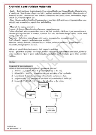 Prepared by-
Mr. Basweshwar S. J.
Artificial Construction materials

 Bricks – Brick earth and its constituents. Conventional bricks and Standard bricks. Characteristics
of good brick, Classification ofburnt clay bricks and their suitability, special bricks. Manufacturing of
burnt clay bricks. Common Field tests on Bricks- shape and size, colour, sound, hardness test, finger
scratch test, water absorption test
 Tiles –flooring and roofing tiles. Characteristic of good tiles, different types of tiles depending upon
material used, sizes of tiles, uses of tiles, wall cladding

 Materials for making concrete-:
Cement – definition, Manufacturing of cement, types of cements –
Ordinary Portland, white cement colour cement and their suitability. Different brand name of cement,
common pickings available in markets, common field tests on cement- lumps visible, colour, hand
feeling, water float test
Aggregate – Definition, types of aggregate - coarse aggregate, fine aggregates (size).
Artificial sand – properties and advantages, suitability
 Pre-cast concrete products – concrete blocks- hollow, solid concrete blocks, pavement blocks,
balustrades, their properties and uses.
 Plywood, particle board and veneers their properties and uses.
 Glass – properties- thickness and weight, thermal conductivity, light and heat translation, durability
sound insulation, types of glass- soda lime glass, lead glass and borosilicate glass. Glass used for
cladding.
Bricks
Brick earth & its constituents –
The main constituents or ingredients of a good brick earth are
1) Alumina (Al2O3) (20-30%) - It gives the plasticity to the clay.
2) Silica (SiO2) (50-60%) - It prevents cracking, shrinking of the raw bricks.
3) Lime (CaO)- It stops the shrinkage of raw bricks and acts as a flux.
4) Magnesia (MgO)- It gives yellow tint to the bricks and reduces shrinkage.
5) Iron oxide (Fe2O3) (5-6%) - It gives the red colour to the bricks.
Alumina (Al2O3)
(20-30%)
Silica (SiO2) (50-
60%)
Lime
(CaO)
(MgO)
Iron oxide
(Fe2O3) (5-6%)
 