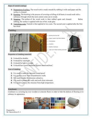 Prepared by-
Mr. Basweshwar S. J.
Steps of varnish coatings:
1) Preparation of surface: The wood work is made smooth by rubbing it with sand paper and the
surface is cleaned.
2) Knotting: The knotting is the process of covering or killing of all knots in wood work with a
substance through which the resin cannot come out or exude.
3) Stopping: The surface of the wood work is then rubbed again and cleaned. Before
rubbing, the surface is applied with size of hot, weak glue.
4) Varnishing coats: Varnish is then applied in two coats. The second coat is applied after the first
has dried.
Cladding:
Properties of cladding materials:
1) It should be durable.
2) It should be watertight.
3) It should be light in weight.
4) It should have good insulation against sound and heat.
Uses of cladding:
1) It is used to make the structure sound proof.
2) It is used to cover worn or unattractive walls.
3) It is used to make the structure attractive.
4) It is used to protect the walls and roofs from rainwater.
5) It is used to protect the structure from high temperature.
Linoleum:
Linoleum is a covering lay over wooden or concrete floors in order to hide the defects of flooring or to
enhance its appearance.
 