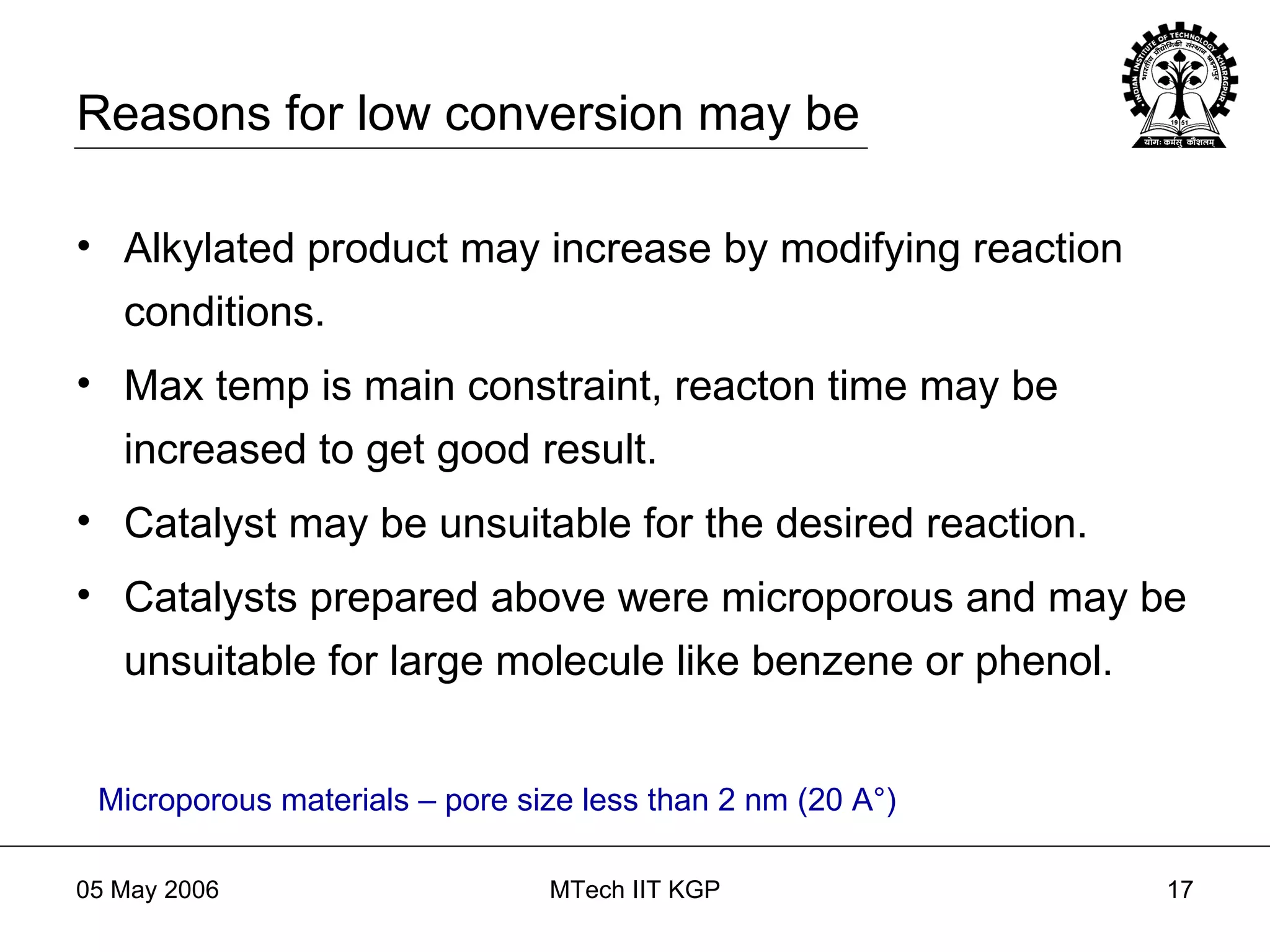 Alkylated product may increase by modifying reaction conditions. Max temp is main constraint, reacton time may be increased to get good result. Catalyst may be unsuitable for the desired reaction. Catalysts prepared above were microporous and may be unsuitable for large molecule like benzene or phenol. Microporous materials – pore size less than 2 nm (20 A ° ) Reasons for low conversion may be 