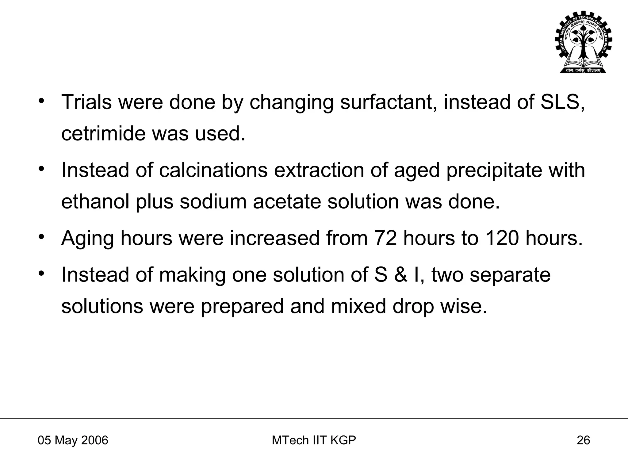 Trials were done by changing surfactant, instead of SLS, cetrimide was used. Instead of calcinations extraction of aged precipitate with ethanol plus sodium acetate solution was done. Aging hours were increased from 72 hours to 120 hours. Instead of making one solution of S & I, two separate solutions were prepared and mixed drop wise. 